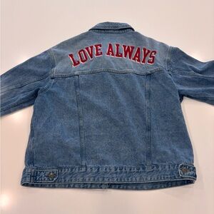 A New Day: Denim Jacket with Red “Love Always” on back.  Size: Women’s L